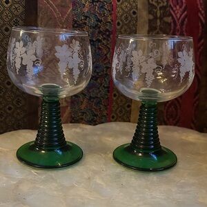 Two Vintage Roemer Green Beehive Stem Wine Glasses from France